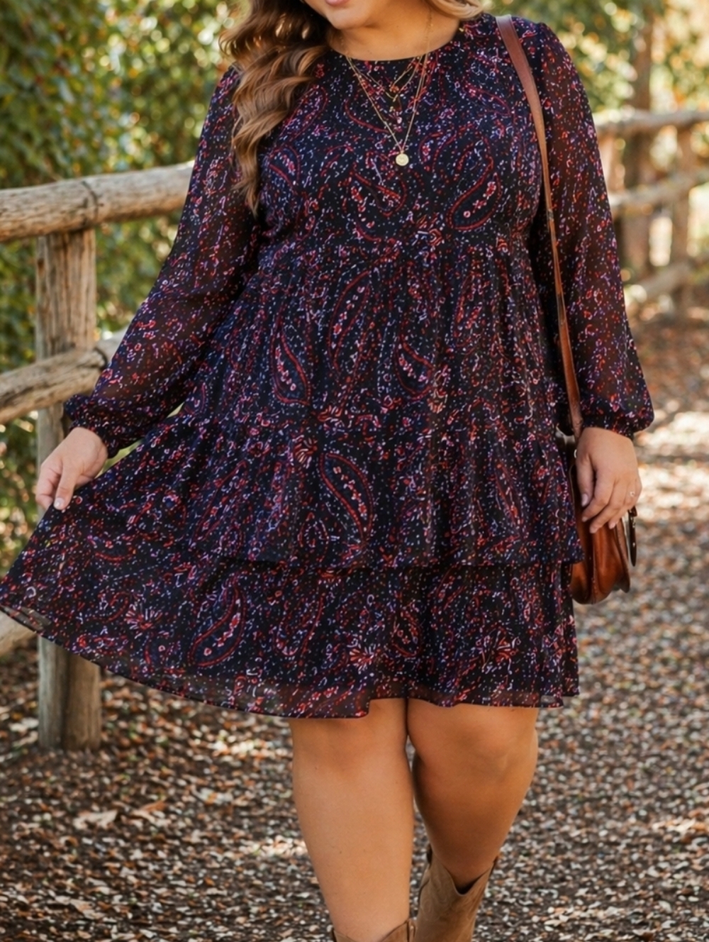 NWT Papillon Paisley Tiered Dress Navy Pink Boho Long Sleeve Chiffon Flowy